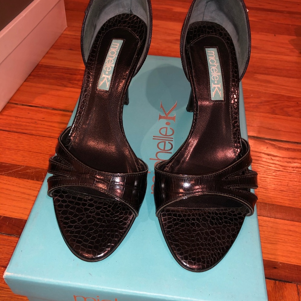 Michelle K Black Snakeskin Open Toe Pump strappy